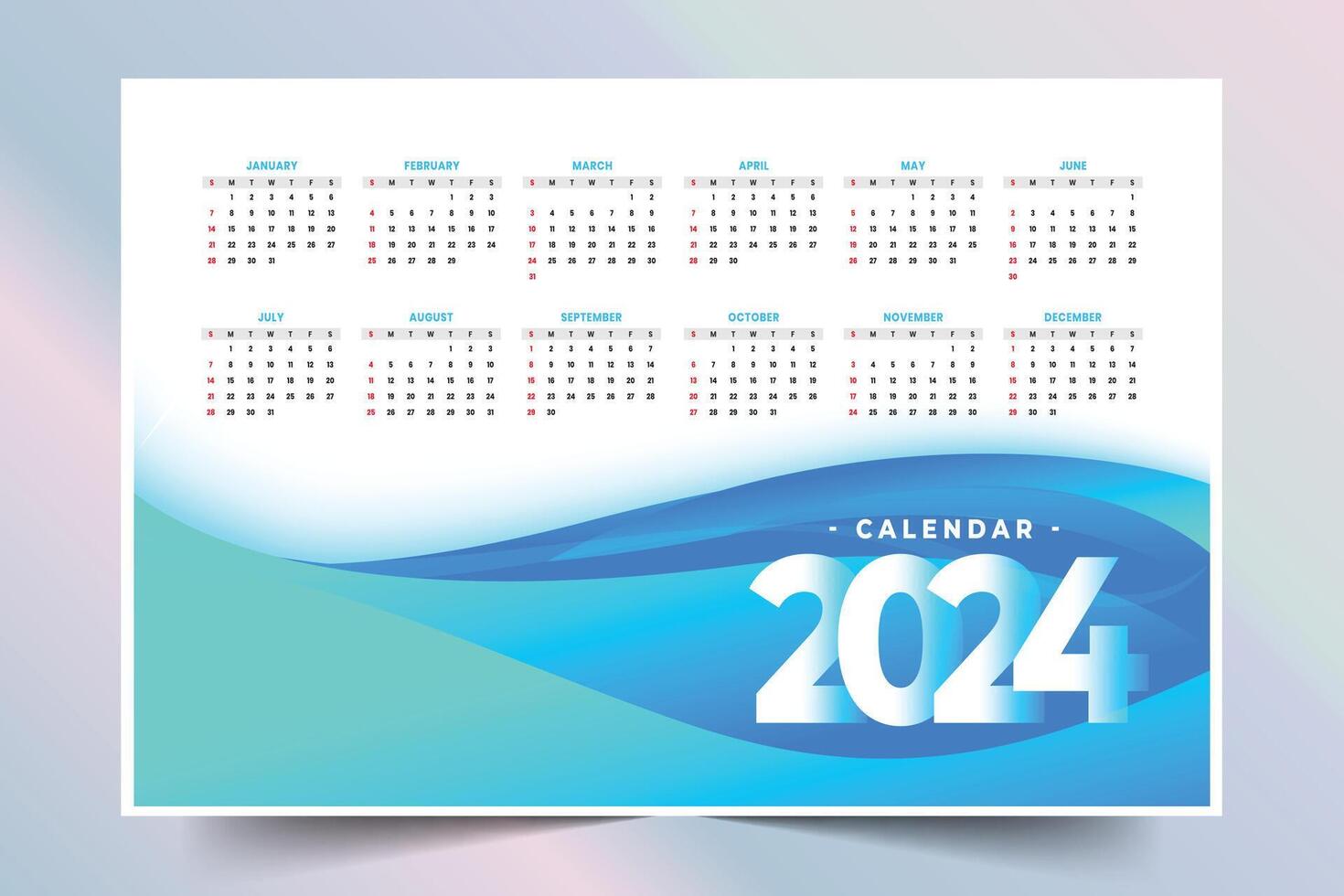 Weiß und Blau 2024 Geschäft Kalender Vorlage im wellig Stil vektor