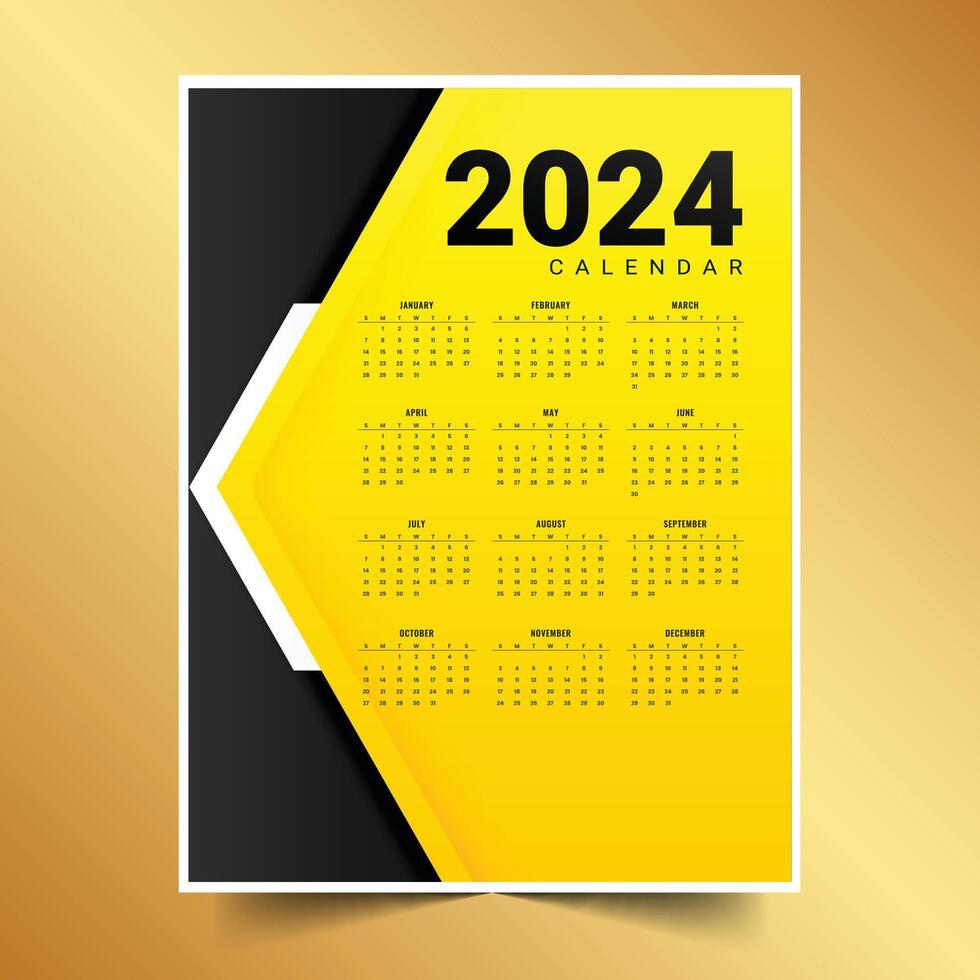 svart och gul 2024 engelsk kalender layout för kontor brevpapper vektor