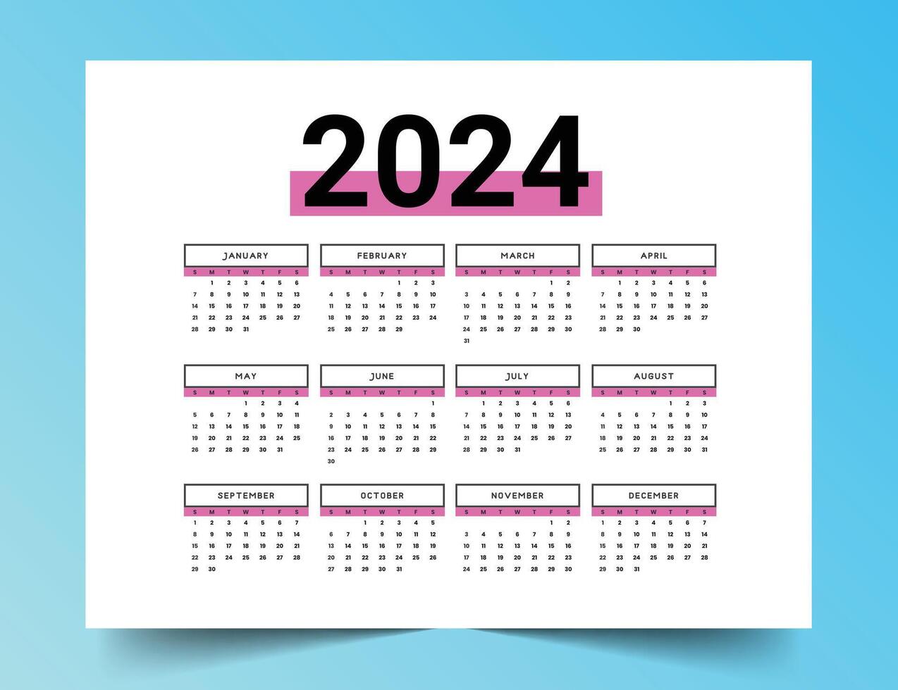 einfach 2024 Englisch Neu Jahr Kalender Vorlage zum Veranstaltung Planer vektor