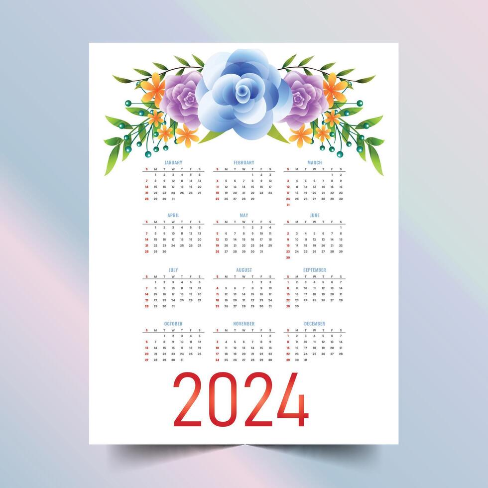 elegant 2024 Neu Jahr Englisch Kalender Layout mit Blumen- Dekoration vektor