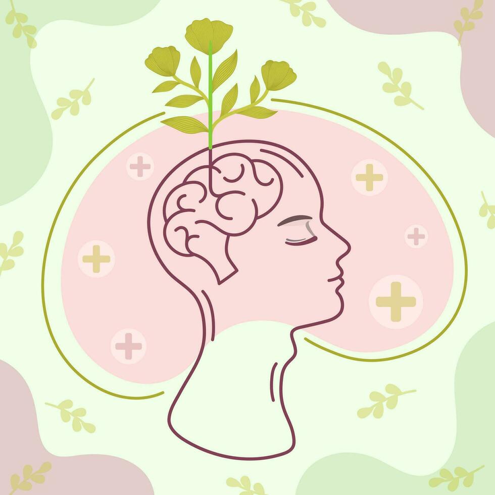 mental hälsa begrepp med hjärna ikon och växter och blommor vektor