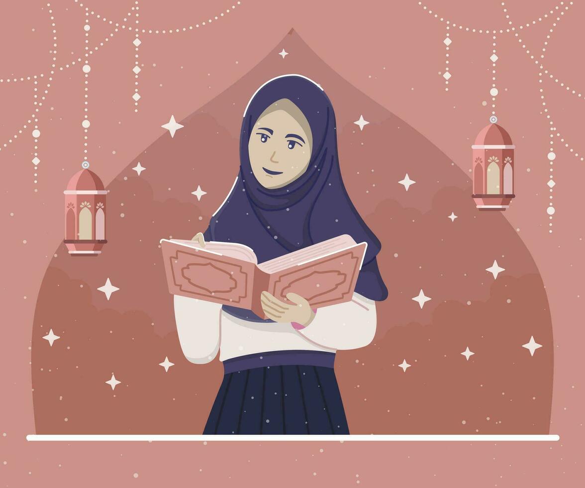 en muslim kvinna läsning de koranen i de månad av ramadan vektor