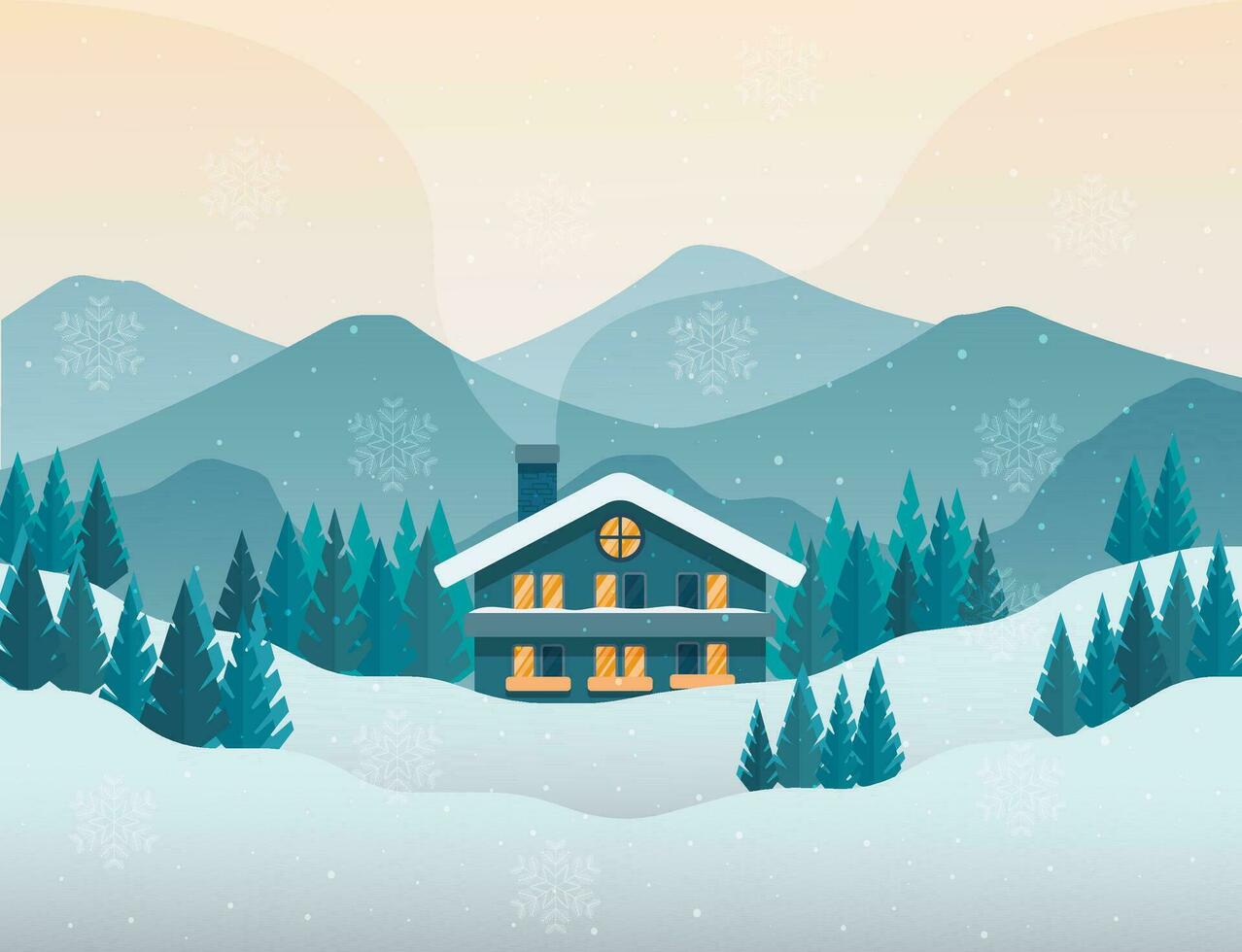 snöig natur i vinter- med hus och berg se vektor