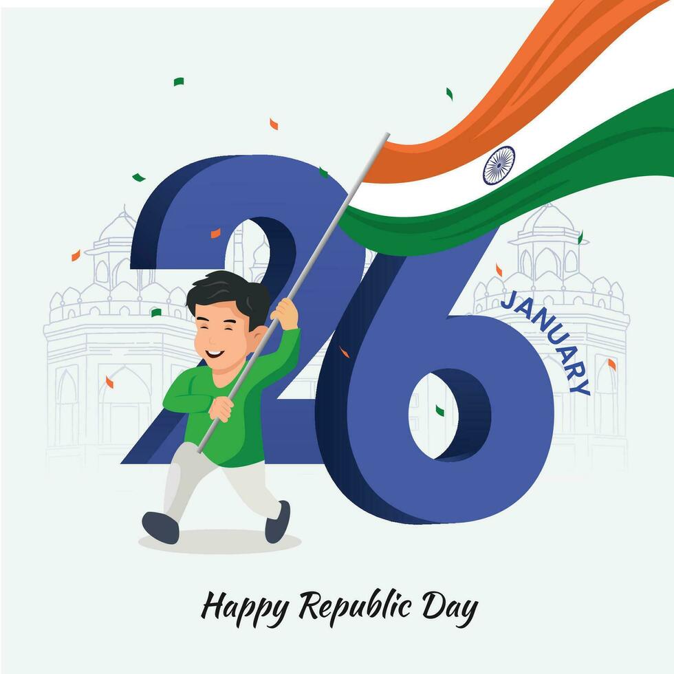 republik dag firande illustration indisk unge innehav nationell flagga på 26: e januari vektor