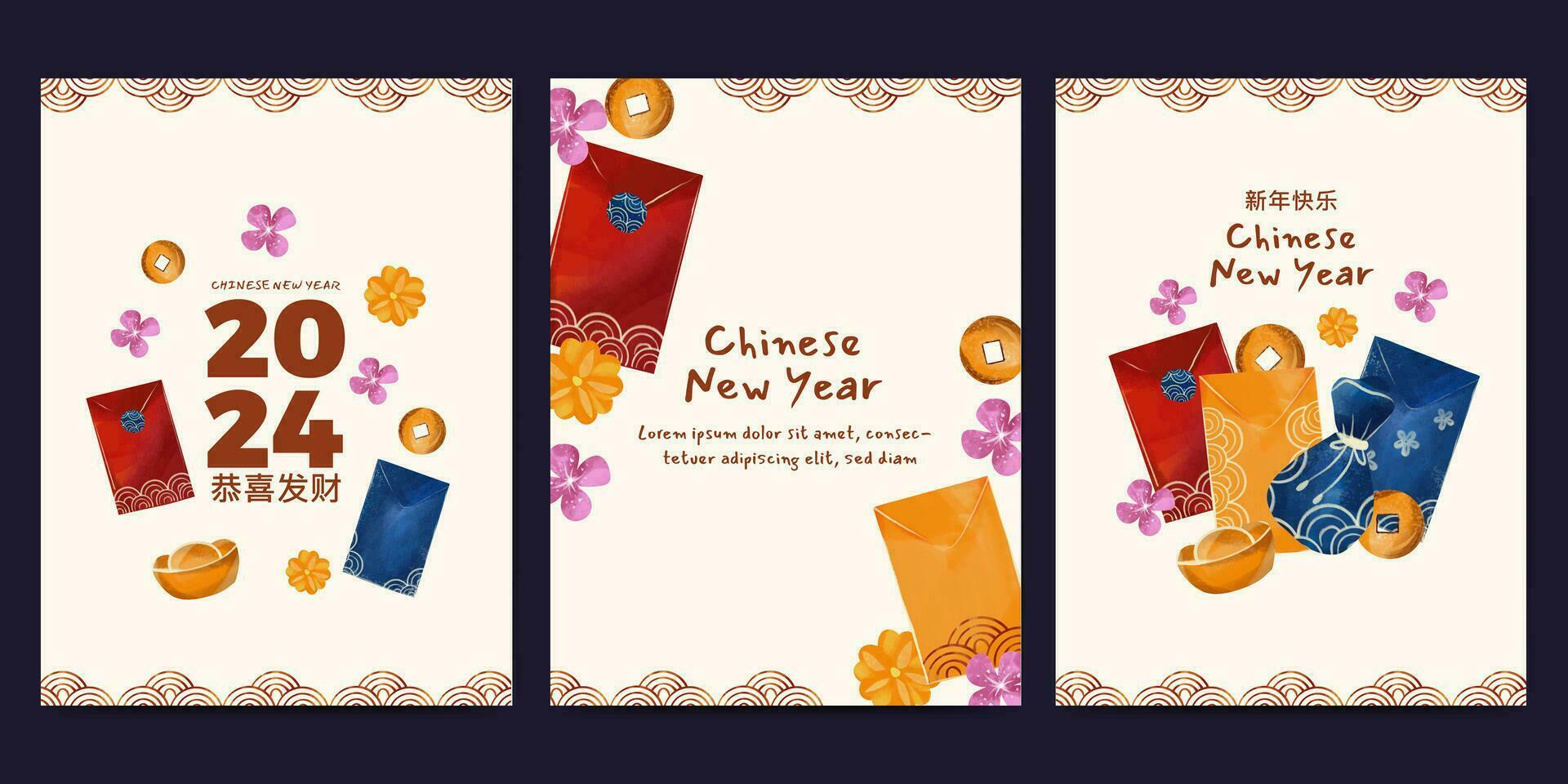 kinesisk ny år platt design hälsning kort uppsättning. vektor
