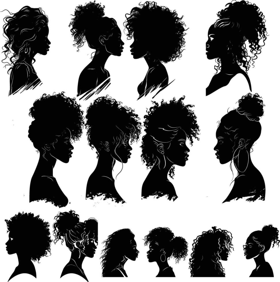 einstellen von Silhouetten von schwarz Frau mit lockig Haar vektor