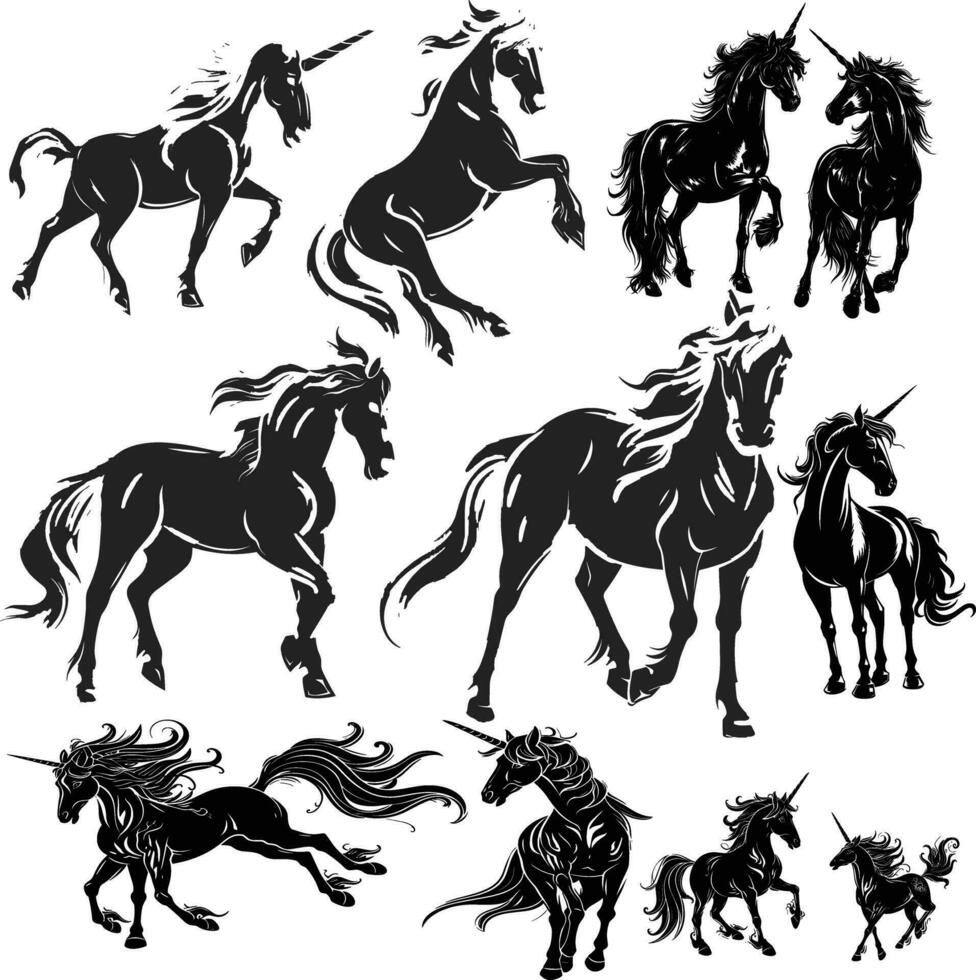 uppsättning av enhörning häst silhuetter vektor
