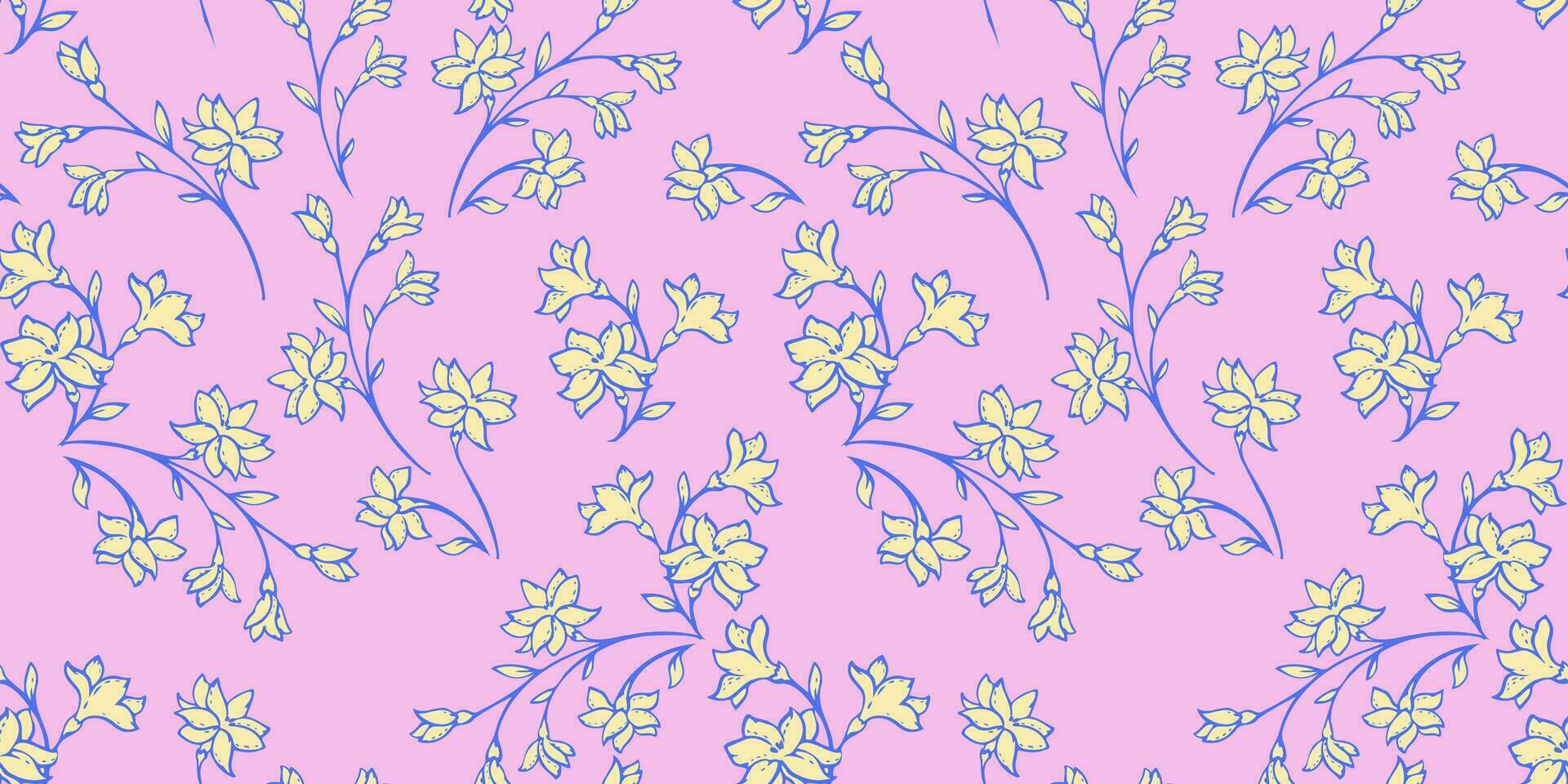 mild mycket liten grenar blommor och knoppar sömlös mönster. vektor hand dragen skiss. ditsy silhuetter botanisk enkel rosa bakgrund. abstrakt konstnärlig vild blommig utskrift. design för tyg