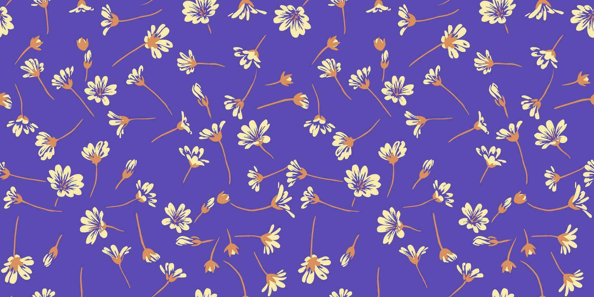 beschwingt Sommer- einfach Blumen- Muster auf ein violett Hintergrund. Vektor Hand gezeichnet skizzieren. kreativ winzig gestalten wild Blumen nahtlos Drucken. Design zum Mode, Stoff, und Textil.