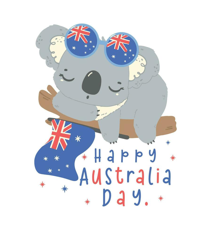 glücklich Australien Tag Koala Schlafen mit Flagge auf Baum. bezaubernd Tier feiern australisch Nation Tag Karikatur Hand Zeichnung. vektor