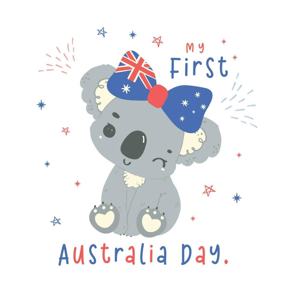 först Australien dag bebis koala med flagga i förtjusande utgör djur- fira australier nation dag tecknad serie hand teckning. vektor