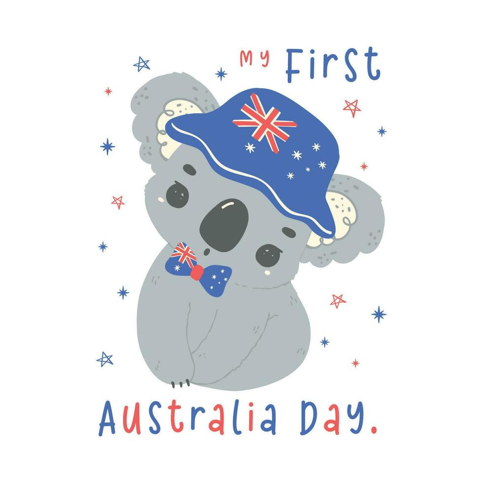 zuerst Australien Tag Baby Koala mit Flagge im bezaubernd Pose Tier feiern australisch Nation Tag Karikatur Hand Zeichnung. vektor