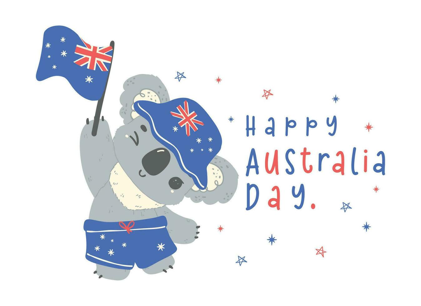 glücklich Australien Tag Koala mit Flagge. bezaubernd Tier feiern australisch Nation Tag Karikatur Hand Zeichnung. vektor