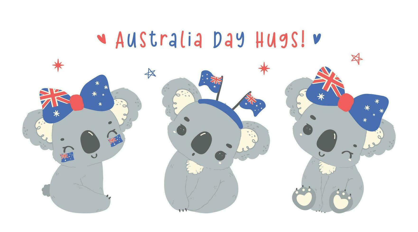 glücklich Australien Tag Koala Bären mit Flagge, Gruppe von bezaubernd Baby Tier feiern australisch Nation Tag Karikatur Hand Zeichnung Banner vektor