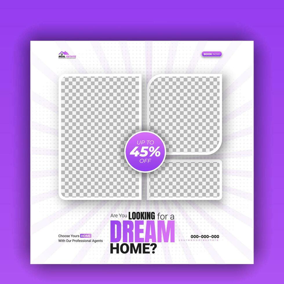 verklig egendom företag dröm hus fast egendom befordran social media omslag, modern och lyx hus för försäljning webb baner, posta design mall, reklam rabatt med abstrakt lila lutning Färg form vektor