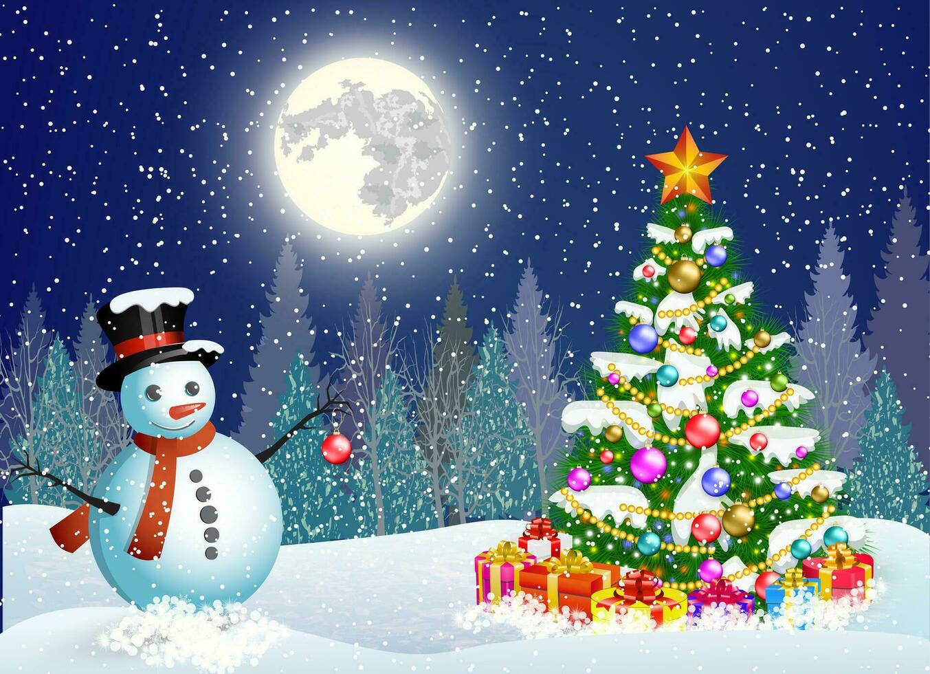 söt snögubbe dekorera en jul träd vektor