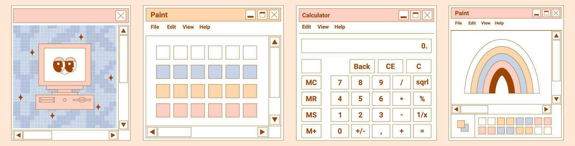 användare gränssnitt y2k uppsättning kort. retro klistermärken browser fönster. söt personlig dator karaktär med psychedelic leende och känsla, måla, kalkylator. delikat pastell vektor illustration.