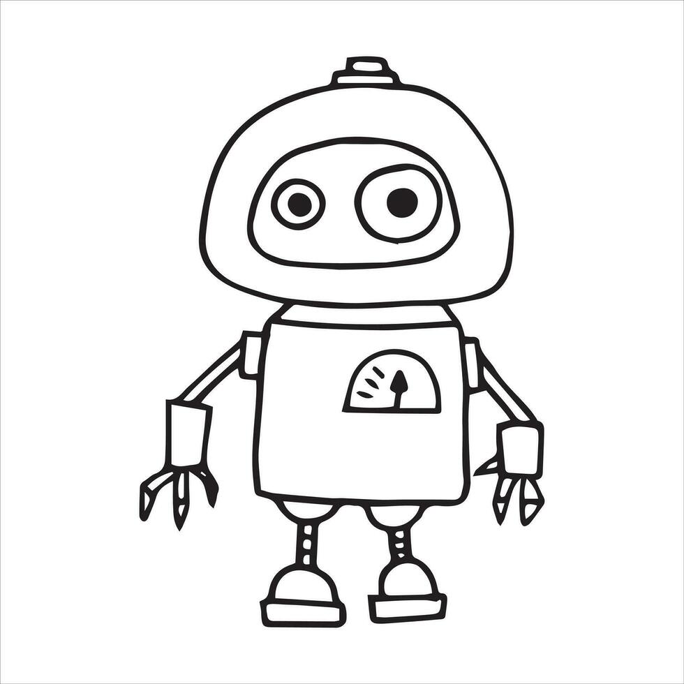 vektor teckning i klotter stil, söt robot. rolig karaktär för barn, svart och vit linje teckning.