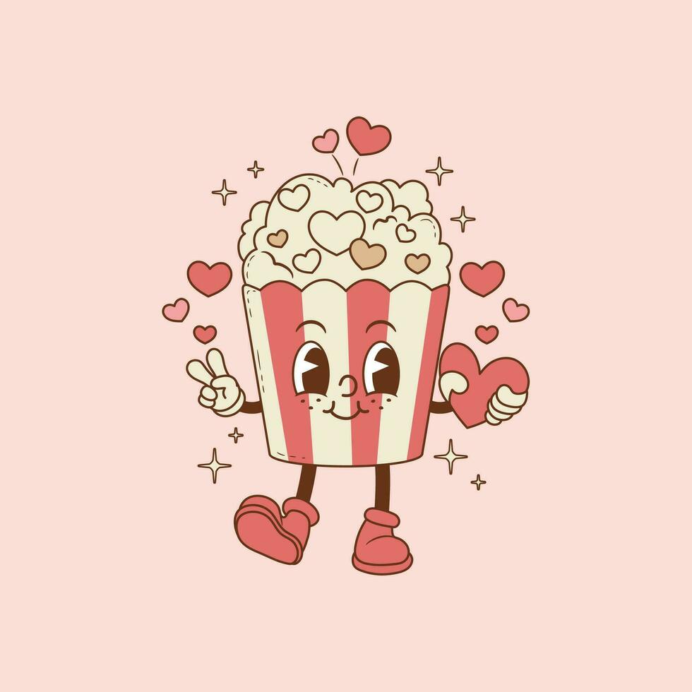 retro illustration av popcorn med hjärtan för älskande vektor