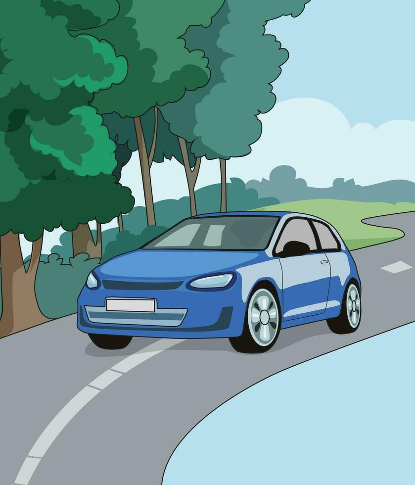 ein Blau Auto ziehen um auf das Straße mit Bäume auf Seite vektor