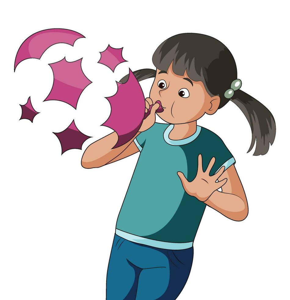 Illustration zeigen Sprengung von Ballon im Vorderseite von ein Mädchen Mund vektor
