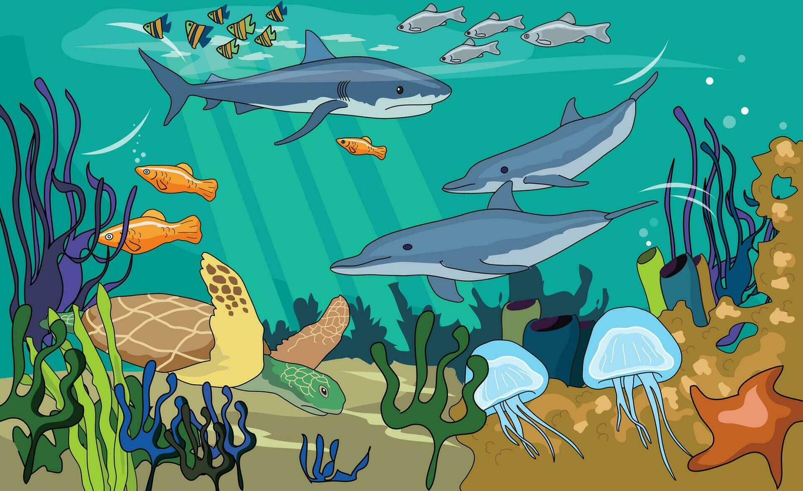 Wasser Tiere Komposition zeigen Qualle, Delfin, Fisch, Seestern und Schildkröte vektor