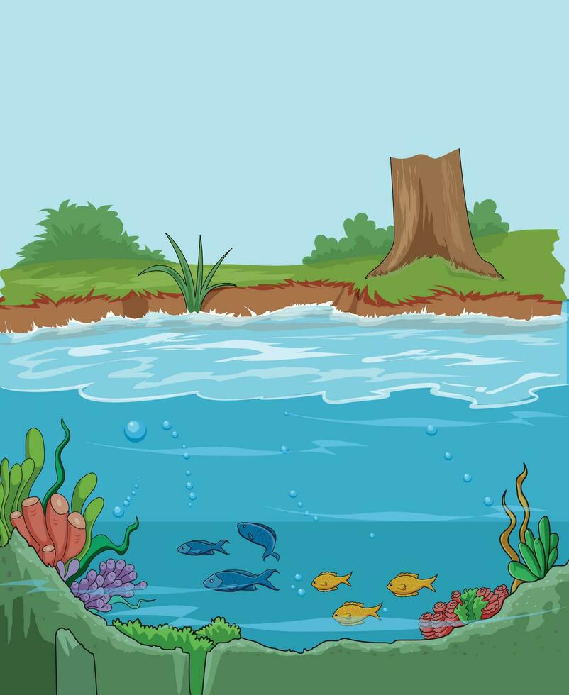natur illustration som visar fiskar simning i sjö och en cutted träd vektor