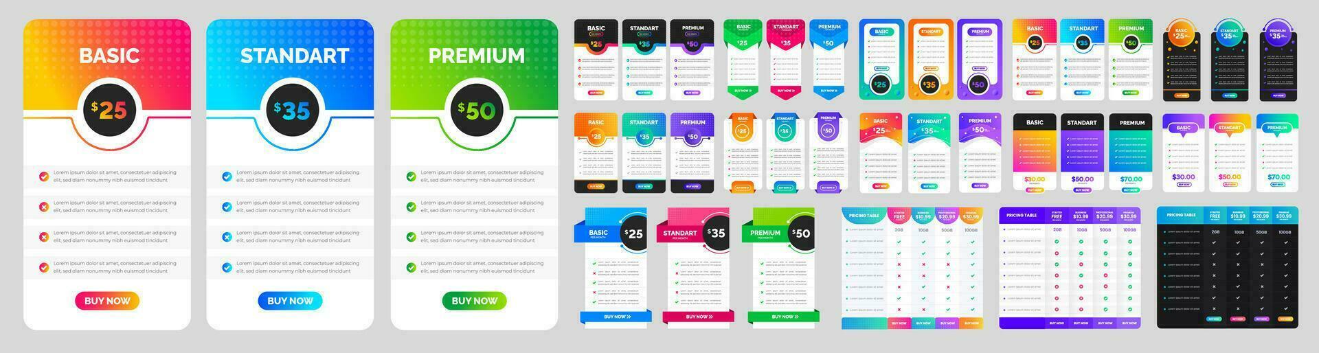 stor mega uppsättning av ui ux app prissättning Diagram tabell prenumeration design eller hemsida prissättning Diagram tabell design mall. produkt planen erbjudande pris paket prenumeration jämförelse Diagram infographic bunt. vektor