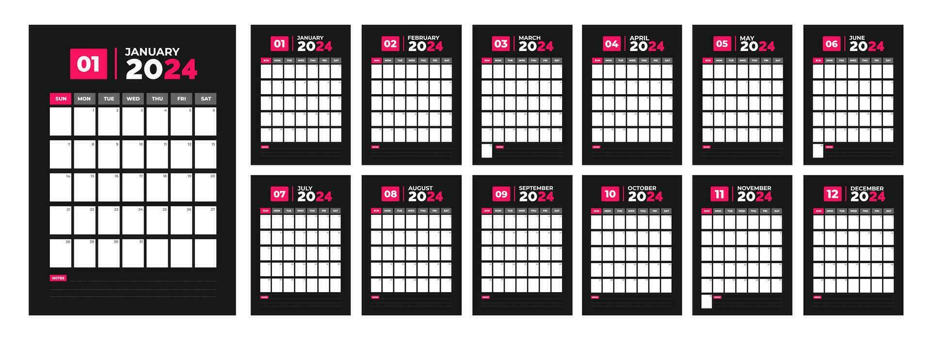 2024 mörk Färg kalender skrivbordet planerare mall. företags- företag vägg eller skrivbord enkel planerare mörk kalender med vecka Start söndag. kalender planerare mall med plats för Foto och företag logotyp. vektor