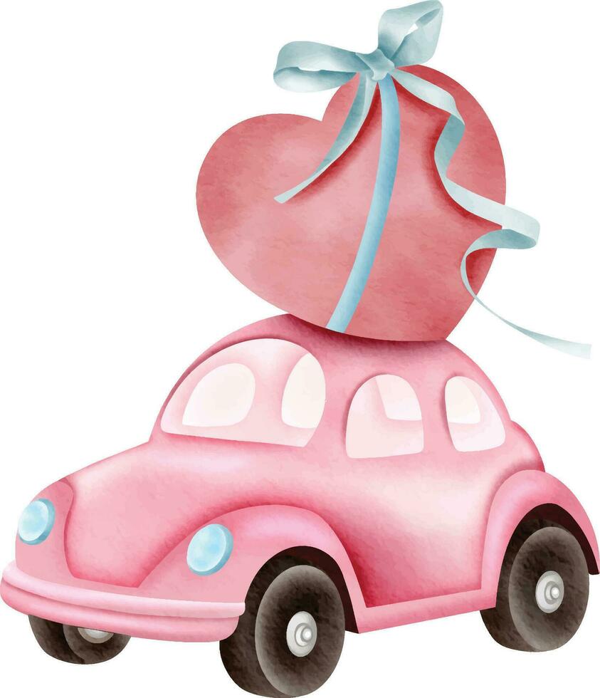 en rosa bil med en stor röd hjärta på topp, insvept i en blå band med en rosett. vektor