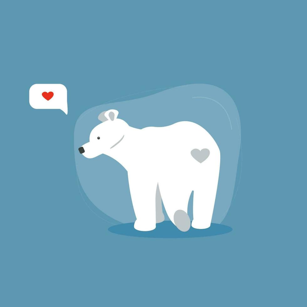 süß Erwachsene Polar- Bär Charakter und Herz im Botschaft Blase auf Blau Hintergrund. Konzept zum Valentinstag Tag, Kinder Kindergarten Zimmer, Baby Dusche Karte. Vektor Illustration isoliert, Poster oder Banner.