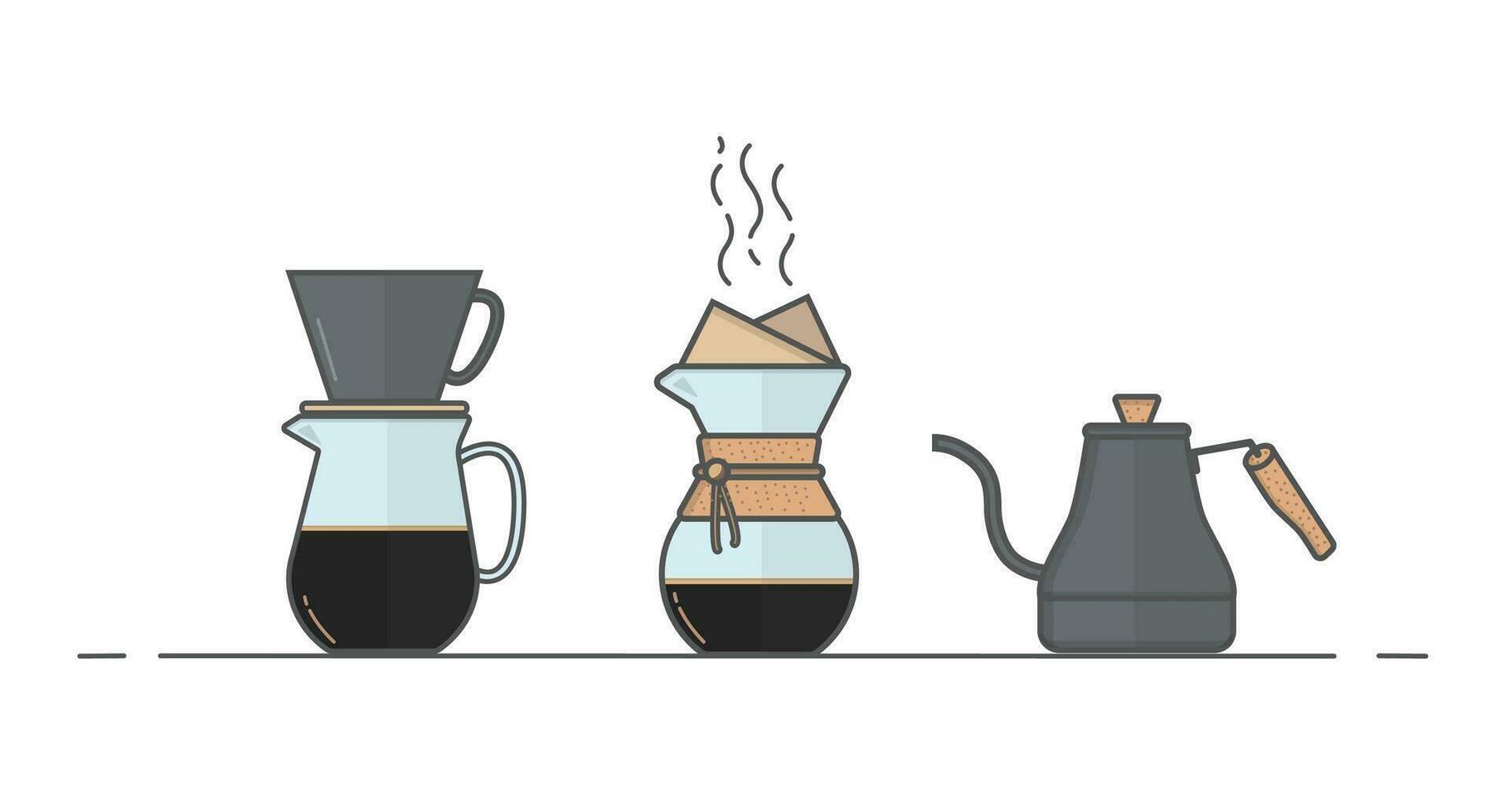 en svanhals kaffe vattenkokare. kemikalie. uppsättning av ikoner av alternativ kaffe bryggning metoder för Kafé meny.. design i platt stil av Häll i över kaffe tillverkare. vektor illustration isolerat på vit bakgrund.