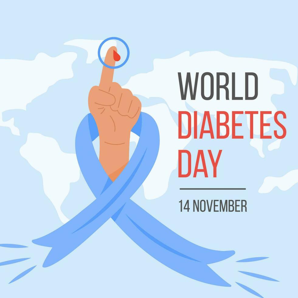 värld diabetes dag medvetenhet affisch med en värld Karta på bakgrund. baner design med blå band och ärm med en finger med blod släppa. typografi. vektor illustration.