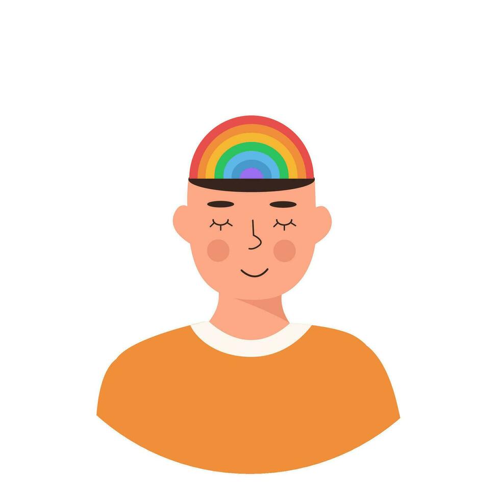 manlig Lycklig karaktär med montessori stil regnbåge på huvud vektor platt. HBTQ man eller kvinna med stänga ögon i orange. positiv tänkande begrepp, själv vård. Gay person. hippie kultur. meditation.