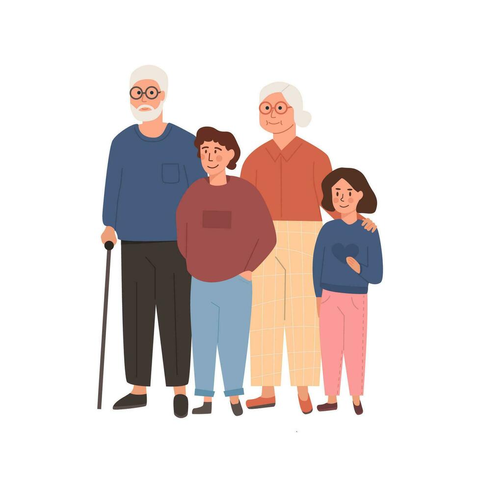 Großvater, Oma Stehen mit Enkelkinder. Umarmen Opa, Oma und Enkel, Enkelin. liebend Familie. Illustration im eben Karikatur Stil isoliert auf Weiß. vektor