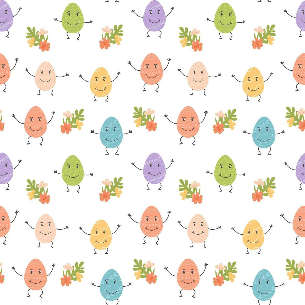 nahtlos Muster. Ostern Eier Zeichen dekoriert mit verschiedene Ornamente und komisch Gesichter, Blühen Blumen. festlich drucken oder Netz Design auf Weiß Hintergrund. eben Vektor Frühling religiös Urlaub.