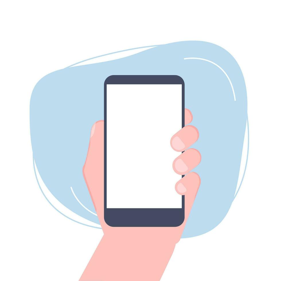 Hand halten ein Telefon mit leer Bildschirm. Smartphone im Arm isoliert auf Weiß Hintergrund. Vektor Illustration im eben Stil.