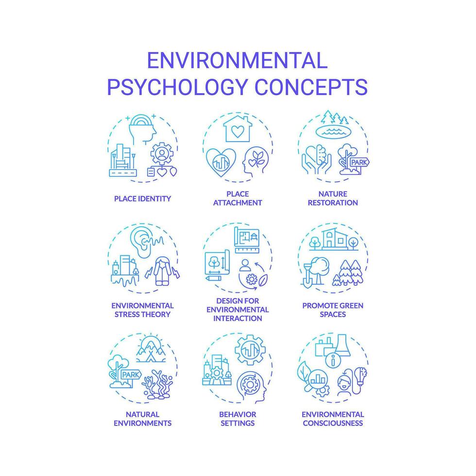 Sammlung von 2d Gradient dünn Linie Symbole Darstellen Umwelt Psychologie, isoliert einfach Vektor, linear Illustration. vektor