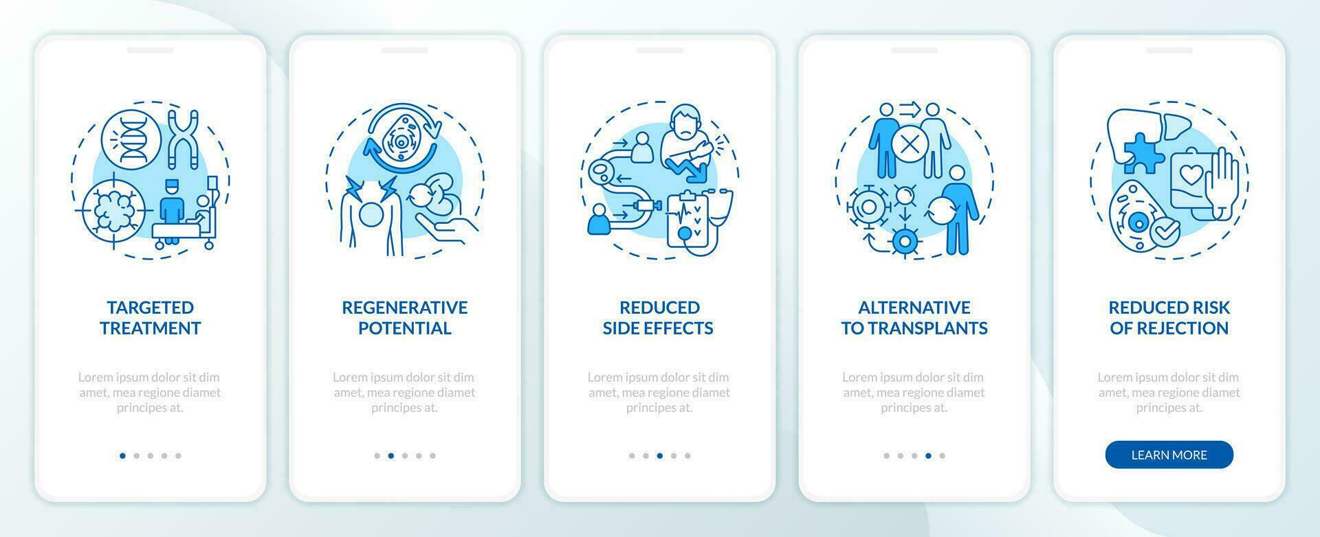 2d Symbole Darstellen Zelle Therapie Leistungen Handy, Mobiltelefon App Bildschirm Satz. Komplettlösung 5 Schritte Blau Grafik Anleitung mit Linie Symbole Konzept, ui, ux, gui Vorlage. vektor