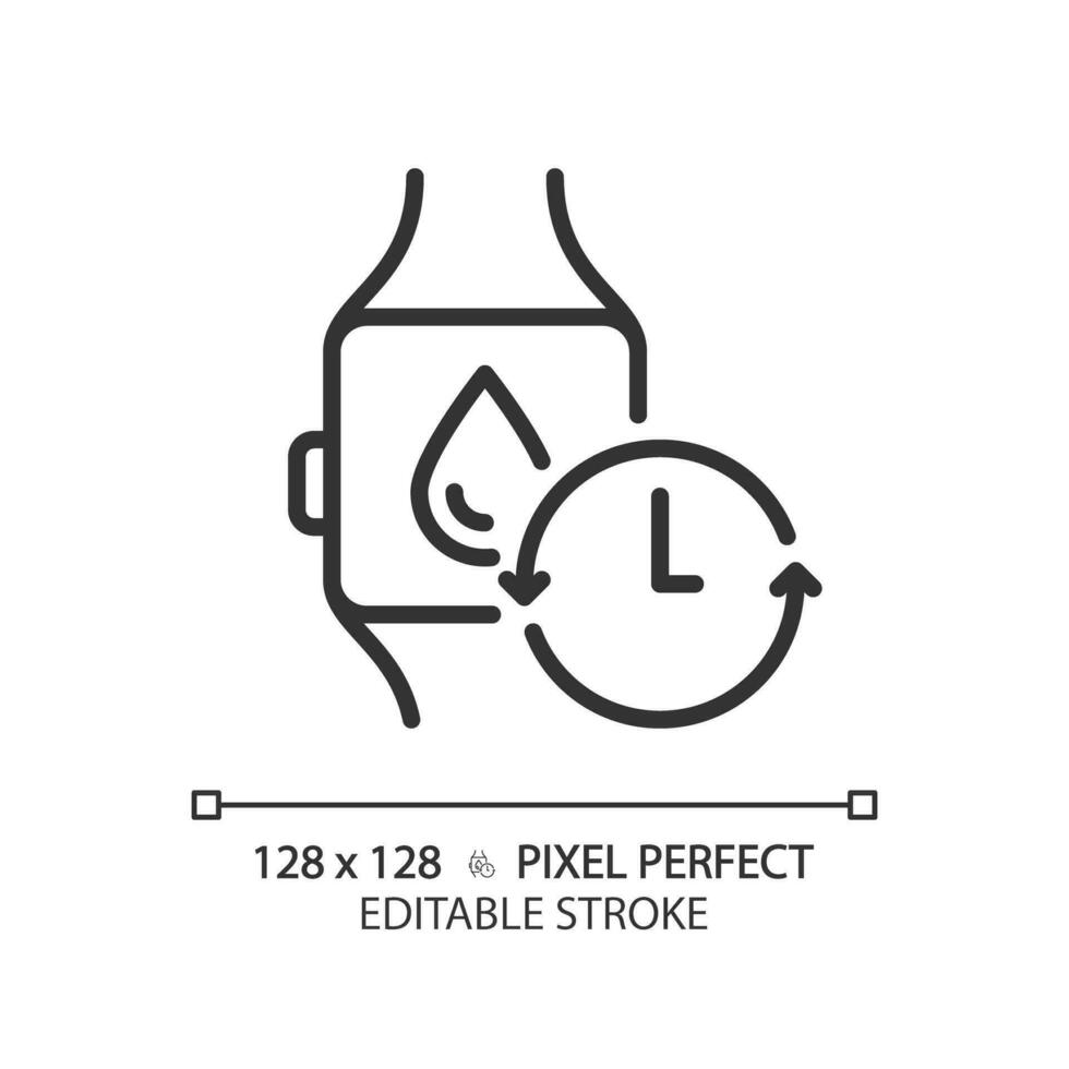 2d Pixel perfekt editierbar schwarz Smartwatch mit Wasser Symbol, isoliert monochromatisch Vektor, dünn Linie Illustration Darstellen Stoffwechsel- Gesundheit. vektor
