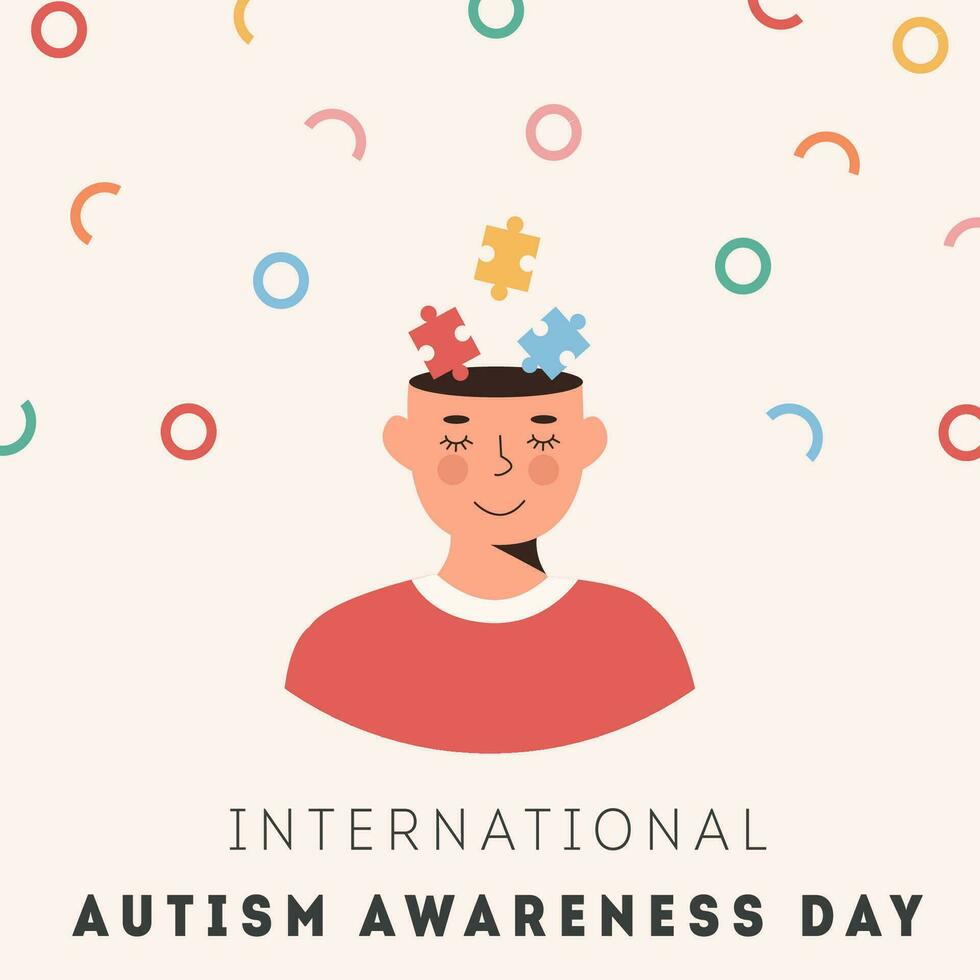 internationell autism medvetenhet dag kort. leende person ansikte med färgrik pussel bitar i huvud. psykologisk begrepp av autistisk barn. social svårighet. mental handikapp eller oordning. vektor. vektor