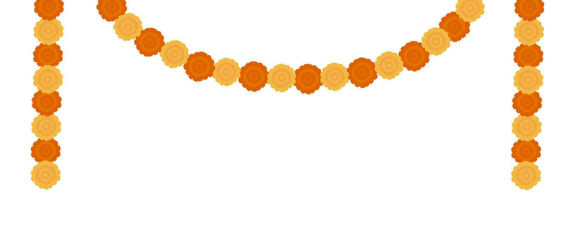 elegant Gelb indisch Vektor Ringelblume Blumen Girlande Hintergrund. Herrlich Orange Blumen- Dekoration mit üppig Blütenblätter zum Hindu religiös Zeremonie oder Hochzeit. bunt eben isoliert auf Weiß Hintergrund