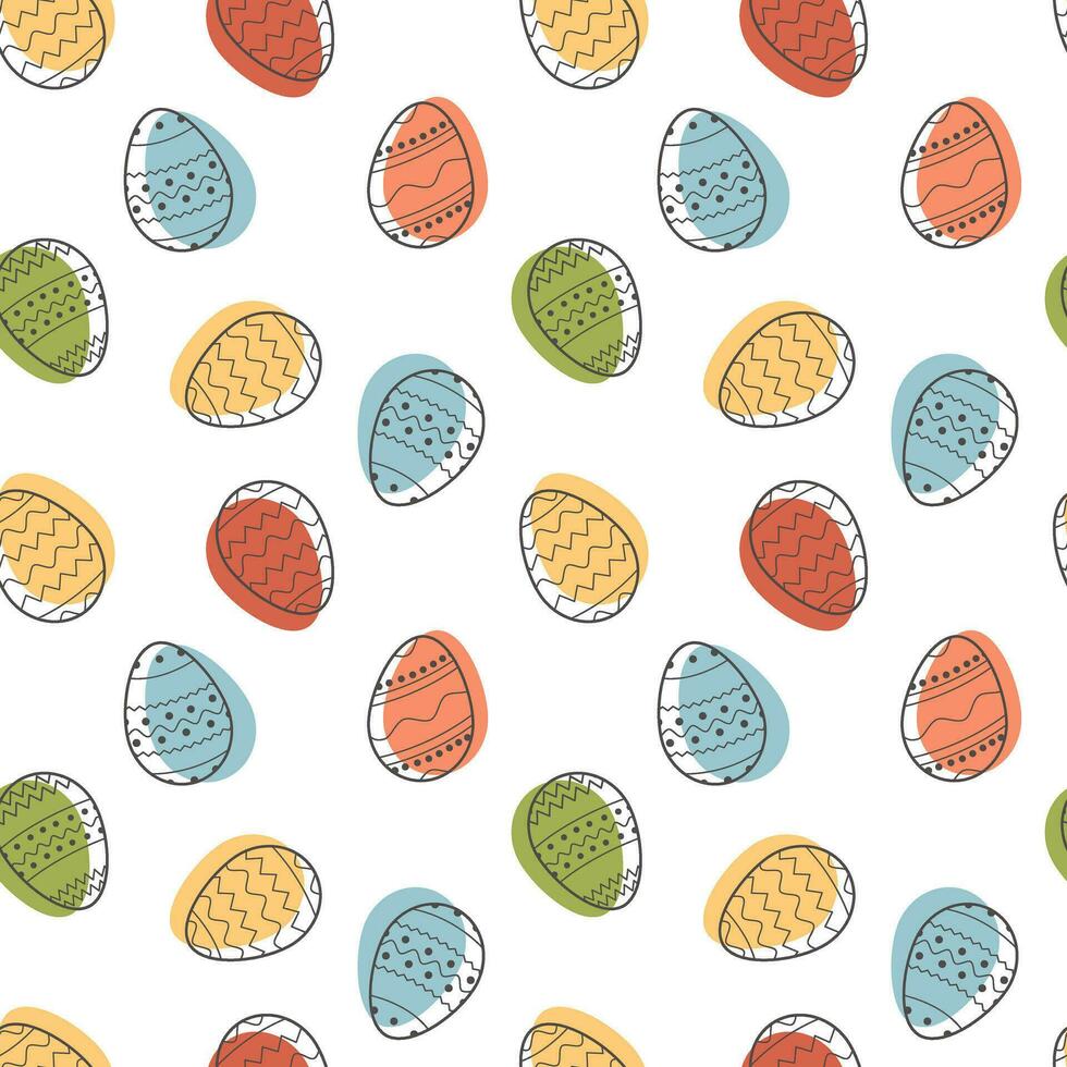 Platz Gruß Karte glücklich Ostern mit dekoriert Eier auf Weiß Hintergrund. festlich Banner Vorlage mit modisch umrissen geometrisch Muster mit schwarz Linie auf Ostern Eier. eben Vektor Illustration.