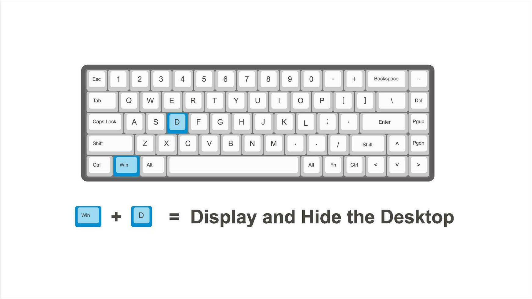 vektor kontrollera vinna d visa och Dölj skrivbordet - tangentbord genvägar - fönster med tangentbord vit och blå illustration och transparent bakgrund