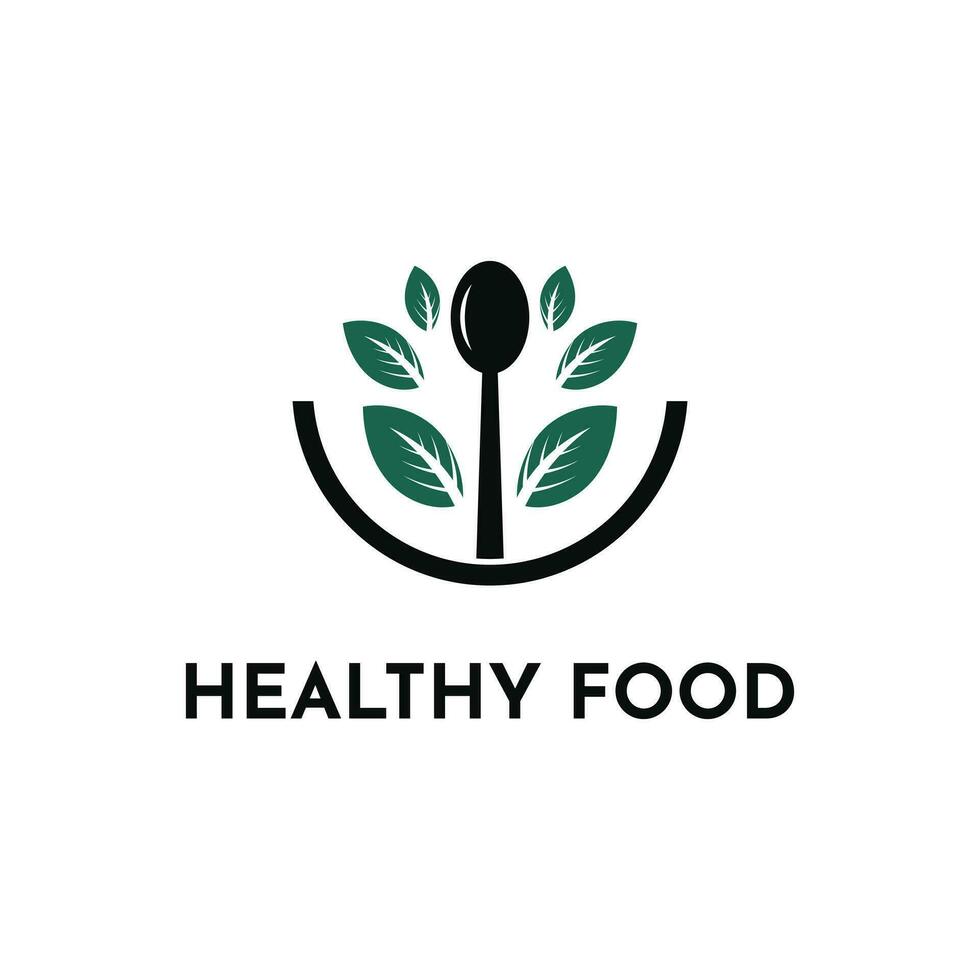 friska mat logotyp design begrepp med sked och blad vektor