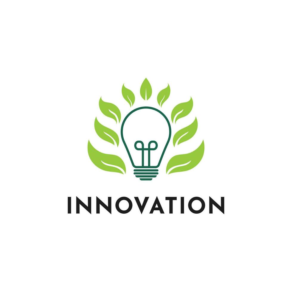 innovation logotyp design aning med ljus Glödlampa och blad ikon vektor
