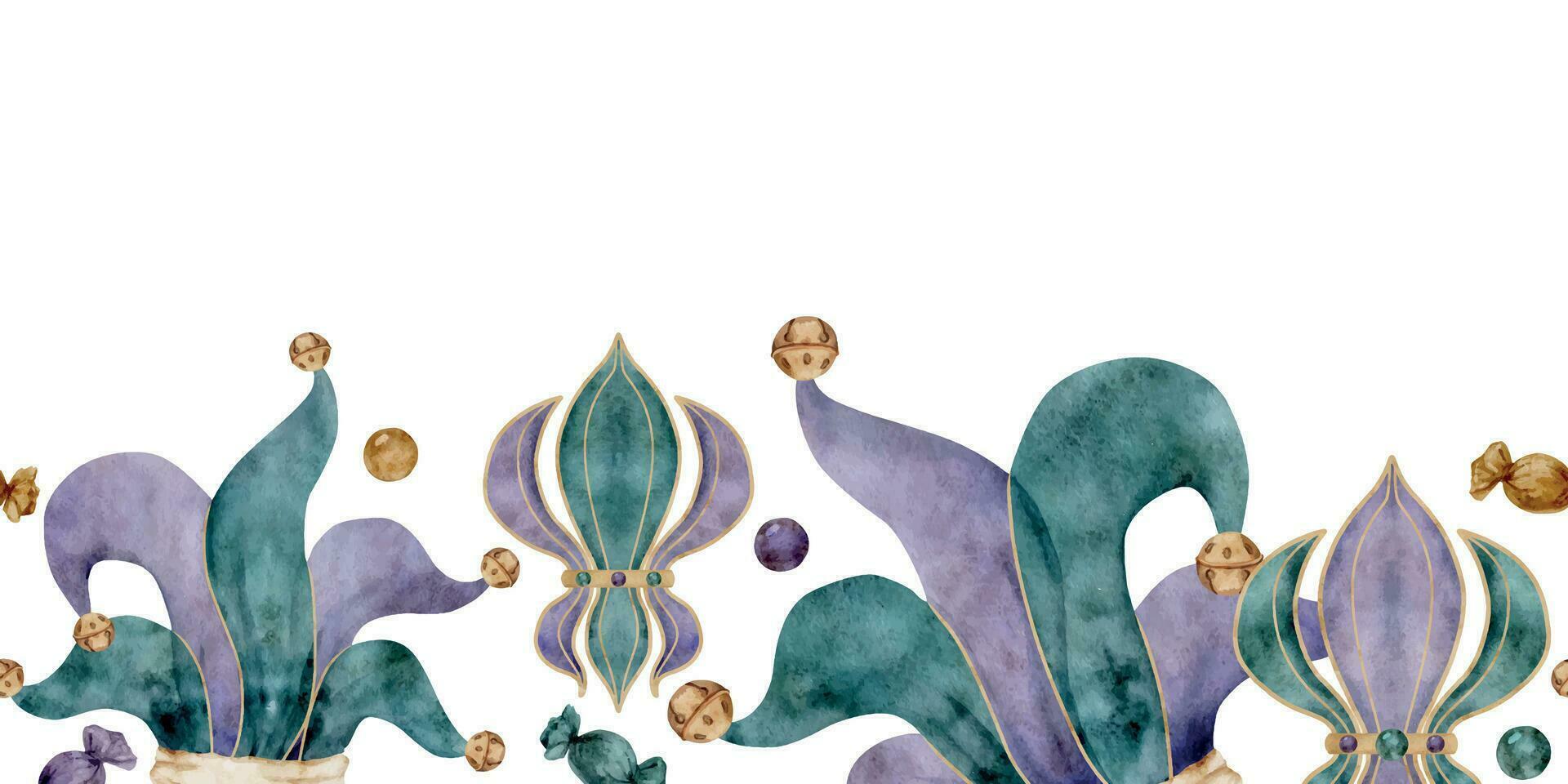 hand dragen vattenfärg mardi gras karneval symboler. gycklare lura hatt, klingande klockor, fleur de lis franska lilja iris pärlor. sömlös baner isolerat på vit bakgrund. design fest inbjudan, skriva ut affär vektor