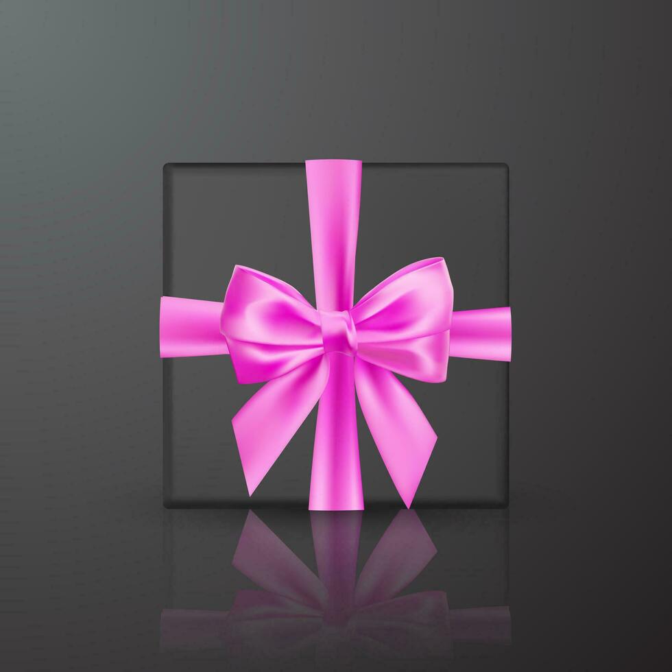 realistisk svart gåva låda med rosa rosett och band. element för dekoration gåvor, hälsningar, högtider. vektor illustration