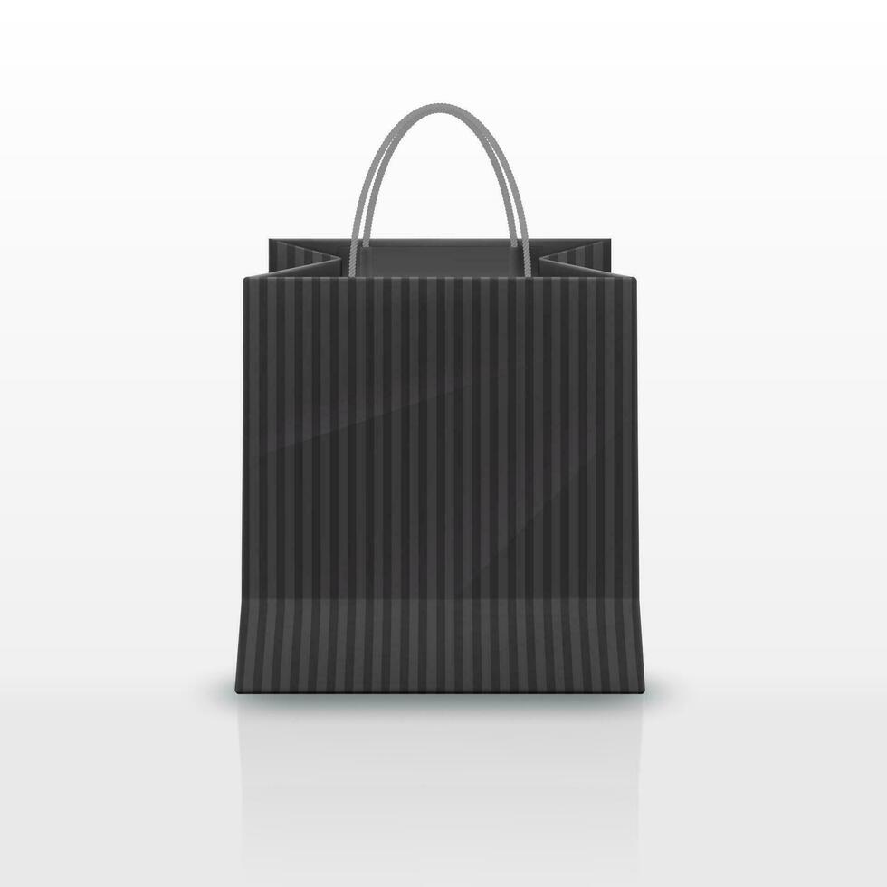 realistisch schwarz Papier Einkaufen Tasche mit Griffe isoliert auf Weiß Hintergrund. Vektor Illustration