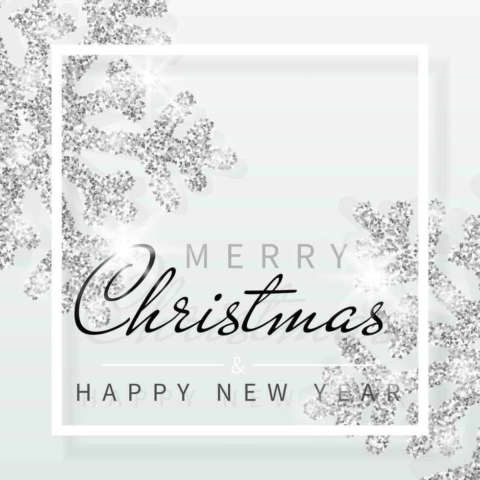 jul bakgrund med lysande silver- snöflingor och vit ram. glad jul och Lycklig ny år kort. vektor illustration